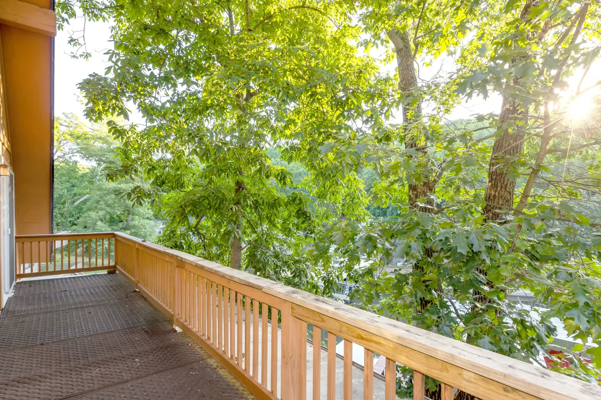 A lush, green outdoor space with sunlight filtering through the trees and a wooden railing, creating a serene and secluded environment ideal for quiet moments, birdwatching, or simply listening to nature.